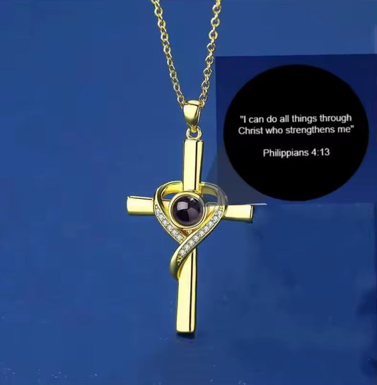 FEARNOT ™ 14K GOLD PLATED (PHILLIPIANS 4:13) CROSS PROJECTION NECKLACE